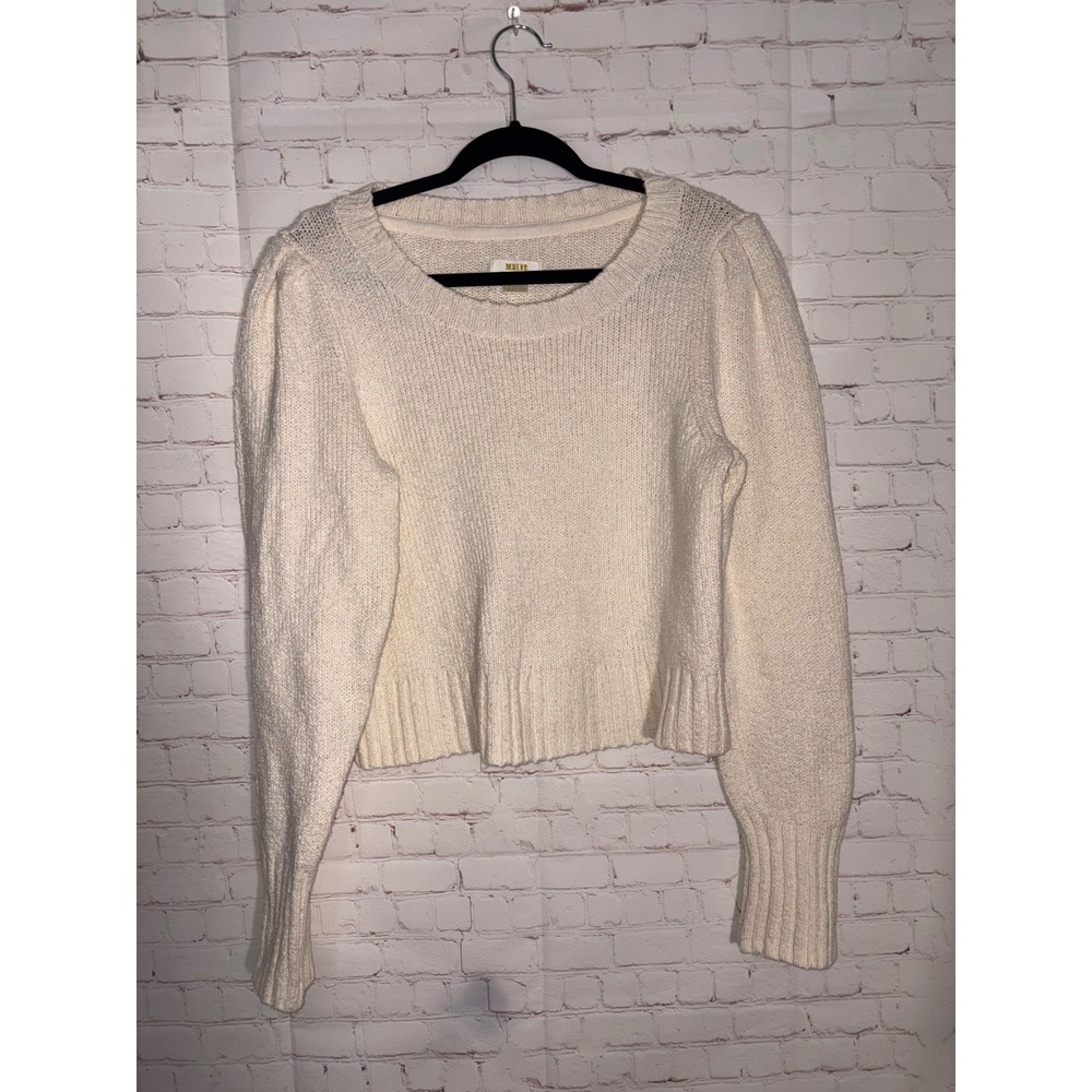 Maeve Anthropologie Cream Cotton Blend Puff Sleeve Knit Cropped Sweater Medium